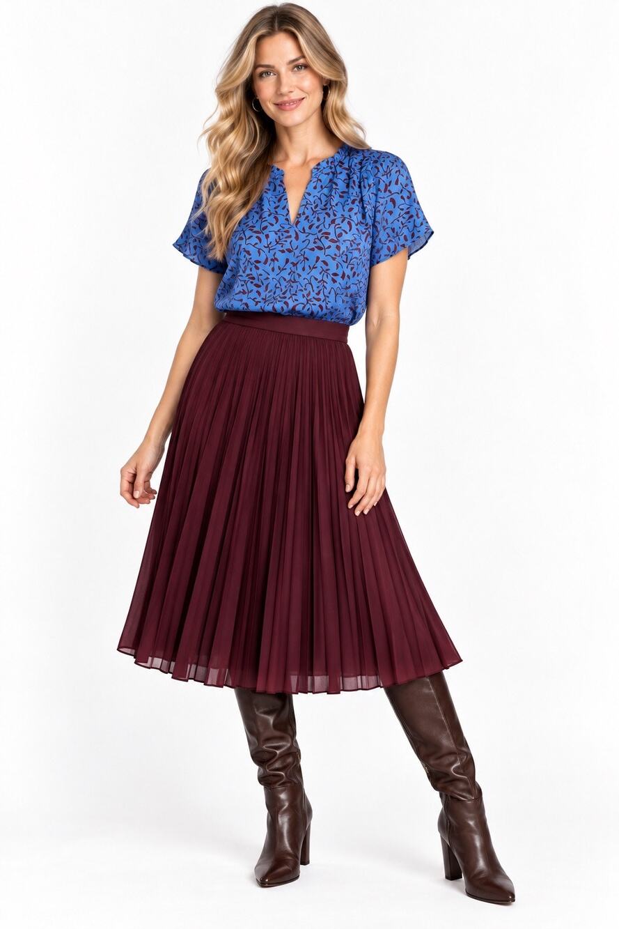 41 Hawthorn Blue & Burgundy Floral Print Ruffled V-Neck Short Sleeve Blouse